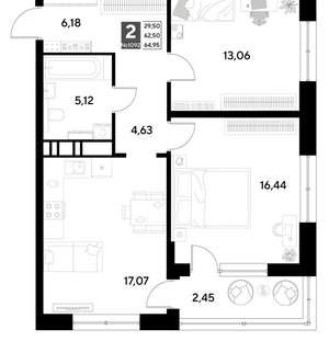2-к квартира, строящийся дом, 65м2, 3/21 этаж