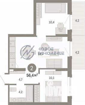 2-к квартира, строящийся дом, 56м2, 9/9 этаж