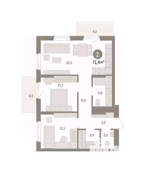 2-к квартира, вторичка, 71м2, 12/14 этаж