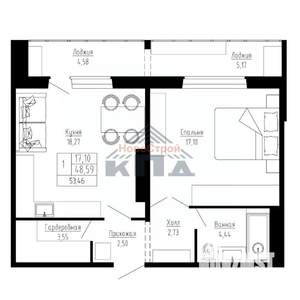1-к квартира, строящийся дом, 53м2, 7/16 этаж