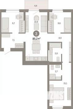 3-к квартира, вторичка, 85м2, 5/9 этаж