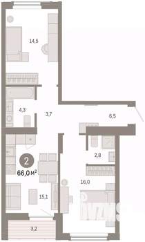 2-к квартира, вторичка, 66м2, 3/16 этаж