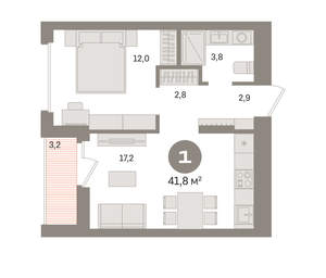 1-к квартира, вторичка, 42м2, 7/16 этаж