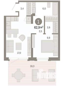 1-к квартира, вторичка, 63м2, 1/7 этаж