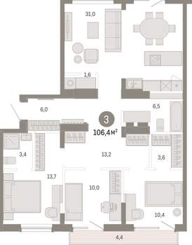 3-к квартира, вторичка, 106м2, 9/9 этаж