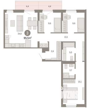 3-к квартира, вторичка, 96м2, 5/9 этаж