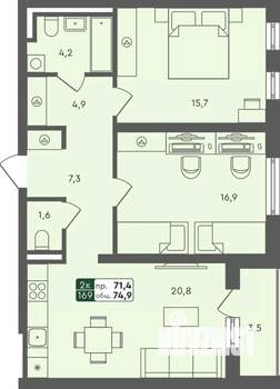 2-к квартира, строящийся дом, 75м2, 4/4 этаж