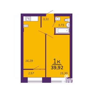 1-к квартира, строящийся дом, 40м2, 4/9 этаж