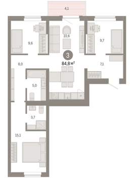 3-к квартира, вторичка, 85м2, 6/9 этаж