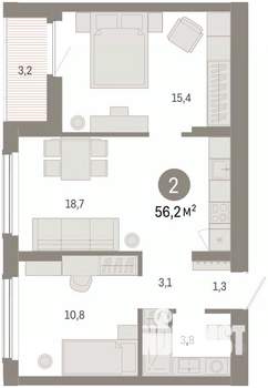 2-к квартира, вторичка, 56м2, 6/16 этаж