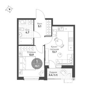 1-к квартира, строящийся дом, 36м2, 5/15 этаж