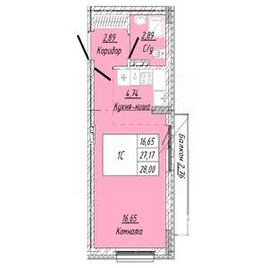 1-к квартира, строящийся дом, 28м2, 6/8 этаж