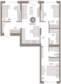 3-к квартира, вторичка, 85м2, 3/16 этаж
