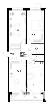 3-к квартира, строящийся дом, 85м2, 2/21 этаж