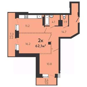 2-к квартира, строящийся дом, 59м2, 1/16 этаж