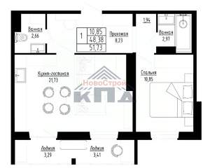 1-к квартира, строящийся дом, 52м2, 14/16 этаж