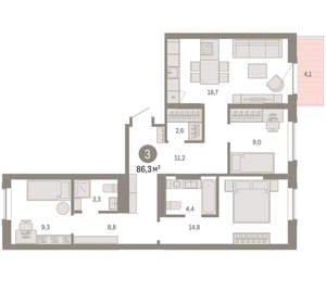 3-к квартира, вторичка, 86м2, 9/9 этаж