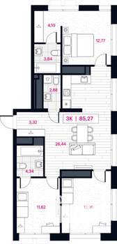 3-к квартира, строящийся дом, 85м2, 12/15 этаж
