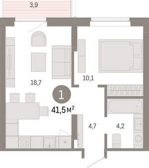 1-к квартира, вторичка, 42м2, 2/9 этаж