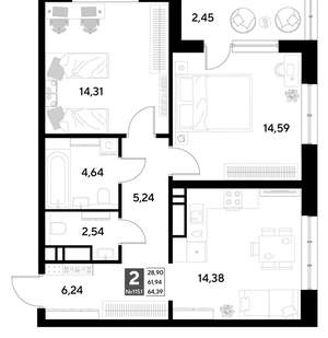 2-к квартира, строящийся дом, 64м2, 8/21 этаж
