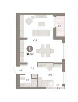 1-к квартира, вторичка, 57м2, 6/8 этаж