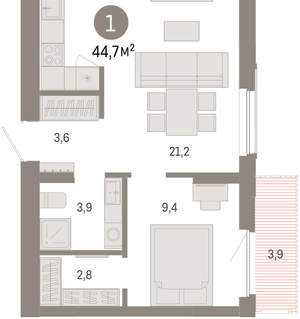 1-к квартира, вторичка, 45м2, 7/16 этаж