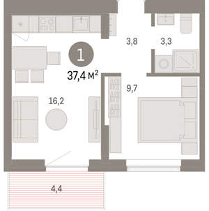 1-к квартира, вторичка, 37м2, 5/9 этаж