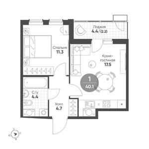 1-к квартира, строящийся дом, 40м2, 7/15 этаж