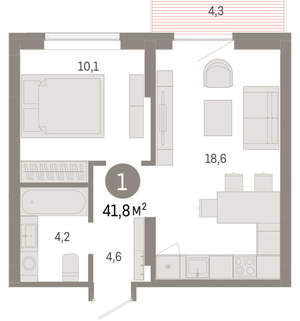 1-к квартира, вторичка, 42м2, 6/9 этаж