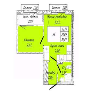 1-к квартира, строящийся дом, 32м2, 7/8 этаж