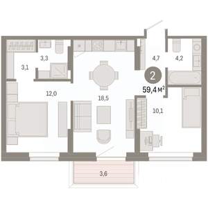 2-к квартира, вторичка, 59м2, 2/9 этаж