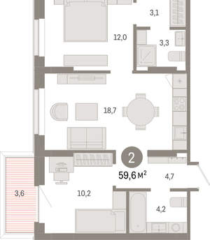 2-к квартира, вторичка, 60м2, 3/9 этаж