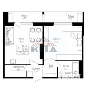 1-к квартира, вторичка, 53м2, 12/16 этаж