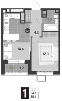 1-к квартира, строящийся дом, 36м2, 11/21 этаж