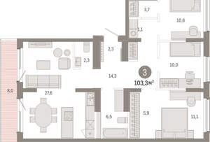 3-к квартира, вторичка, 103м2, 8/9 этаж