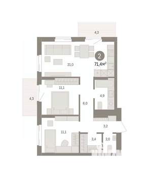 2-к квартира, вторичка, 71м2, 5/14 этаж