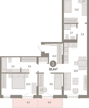 3-к квартира, вторичка, 95м2, 8/9 этаж