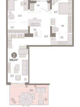 2-к квартира, вторичка, 109м2, 1/9 этаж