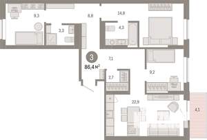 3-к квартира, вторичка, 86м2, 9/17 этаж