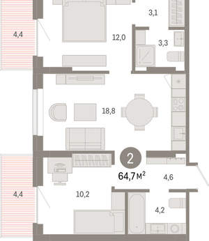 2-к квартира, вторичка, 65м2, 4/9 этаж