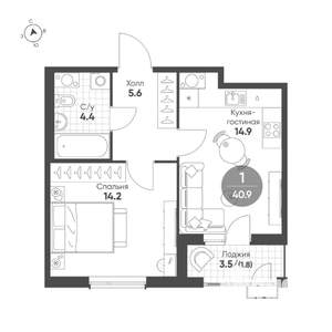 1-к квартира, строящийся дом, 41м2, 6/15 этаж