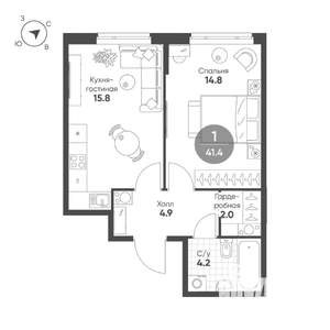 1-к квартира, вторичка, 41м2, 5/6 этаж