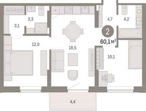 2-к квартира, вторичка, 60м2, 7/9 этаж