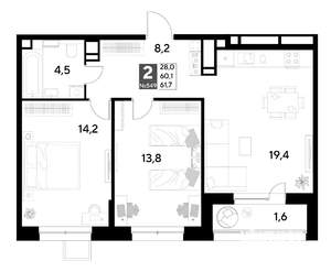 2-к квартира, вторичка, 62м2, 14/21 этаж
