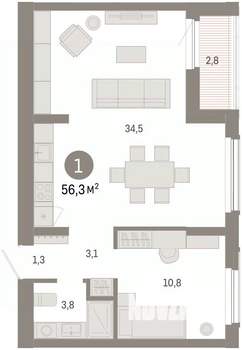 1-к квартира, вторичка, 56м2, 2/16 этаж