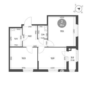 2-к квартира, вторичка, 59м2, 4/11 этаж