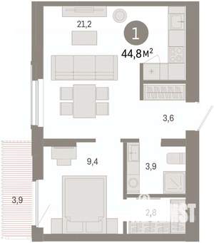 1-к квартира, вторичка, 45м2, 4/16 этаж