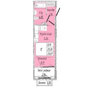 1-к квартира, строящийся дом, 24м2, 6/8 этаж