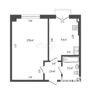 1-к квартира, вторичка, 43м2, 3/3 этаж