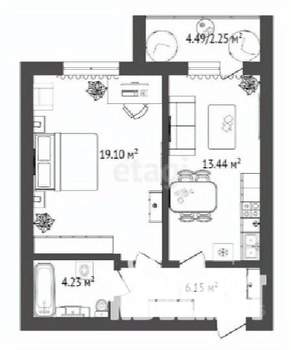 1-к квартира, строящийся дом, 46м2, 6/16 этаж
